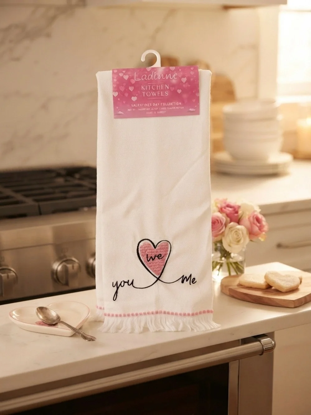 Ladinne White Kitchen Towel with Pink Heart 